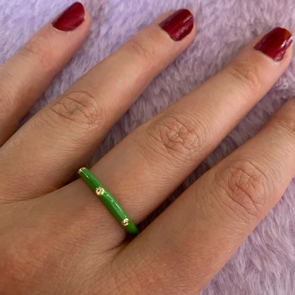 Green Enamel Skinny Ring on Gold Tone Band